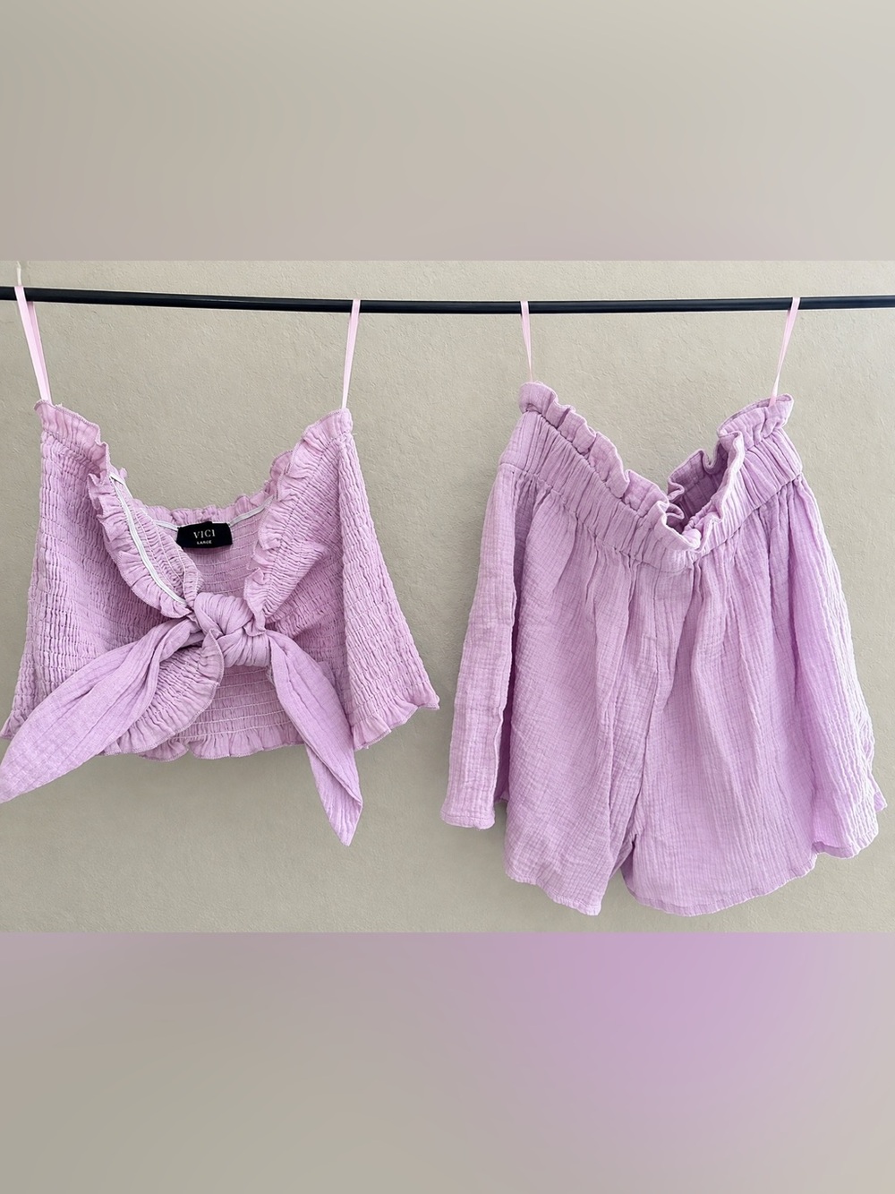 Vici Lavender Girls Two-Piece Pajama Set - Tie Front Top & Ruffle Shorts